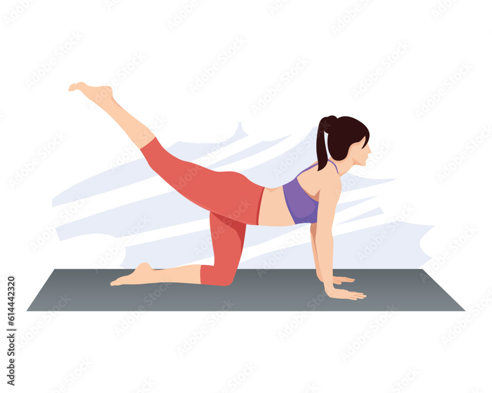 Woman doing bird dog yoga exercise to train core muscle on grey mat. Woman doing bird dog yoga exercise to train core muscle on grey mat.