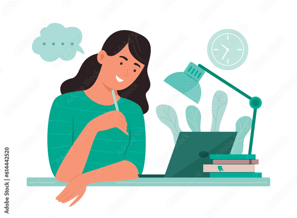 Young Woman Looking at Laptop for Online Learning Concept Illustration Young Woman Looking at Laptop for Online Learning Concept Illustration