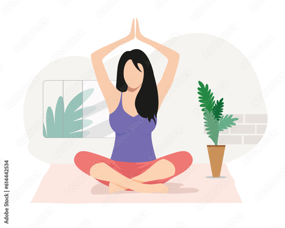 Obraz premium Woman practicing Sukhasana pose or Namaste Padmasana pose yoga, Yoga Asana Vector Illustration