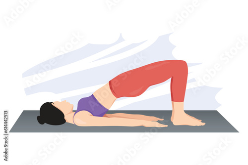 Young woman doing Half Bridge-Setu Bandha Sarvangasana yoga exercise.