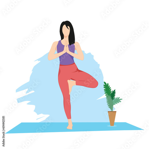 Girl doing Tree Pose, Vrksasana yoga, practicing yoga exercise