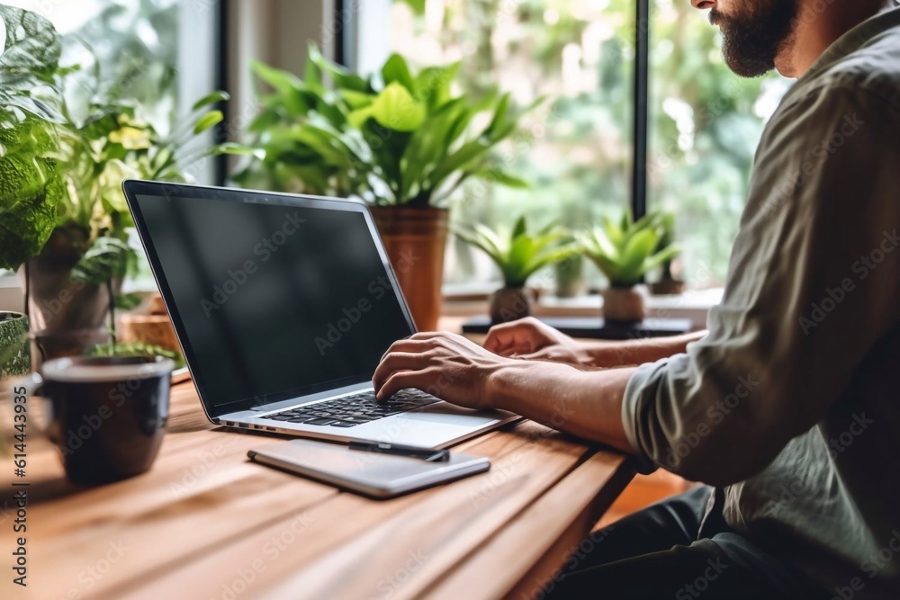 Young man works at a computer in the office. Freelancer working from a laptop. Business, education concept. Generative AI Young man works at a computer in the office. Freelancer working from a laptop. Business, education concept. Generative AI