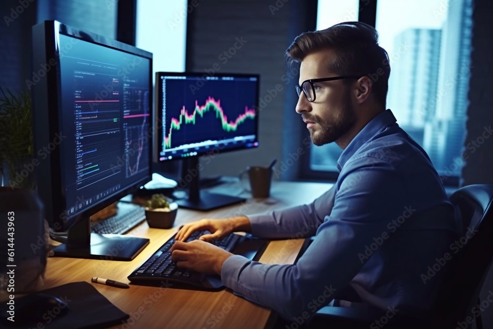  Young male trader at office work concept sitting looking aside cheerful Generative AI