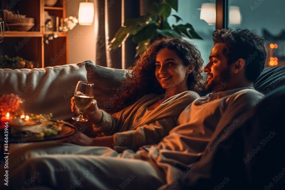 Romantic young couple relaxing at home and drinking red wine Generative AI