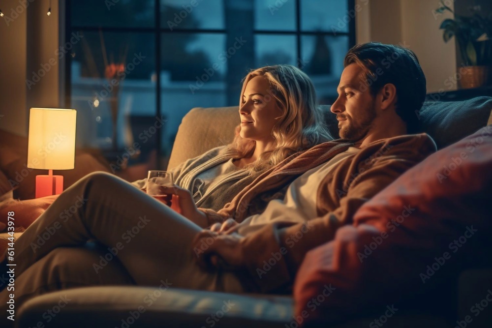Romantic young couple relaxing at home and drinking red wine Generative AI Romantic young couple relaxing at home and drinking red wine Generative AI