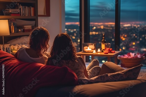 Romantic young couple relaxing at home and drinking red wine Generative AI
