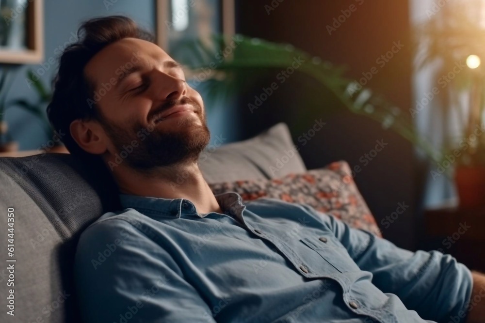 Cheerful attractive millennial african american male with beard sitting on couch and look at empty space in minimalist living room interior. Rest at home, break. Generative AI Cheerful attractive millennial african american male with beard sitting on couch and look at empty space in minimalist living room interior. Rest at home, break. Generative AI