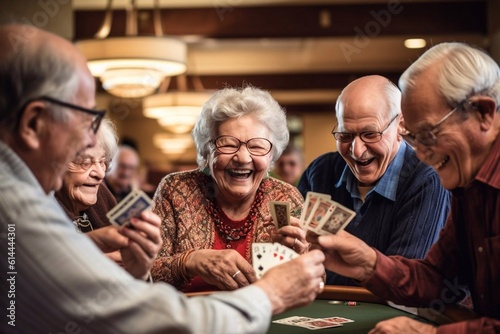 Fotografiet Retired multiethnic people playing cards together at home