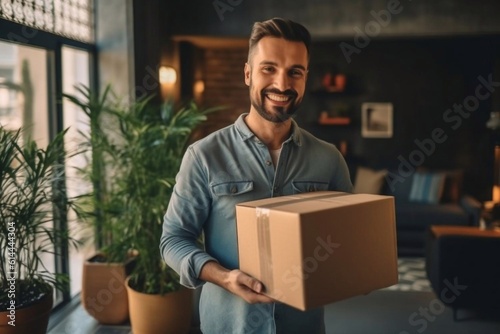 Head shot portrait smiling man holding cardboard box, giving or receiving parcel, sitting on couch at home, happy satisfied customer looking at camera, good delivery service andGenerative AI