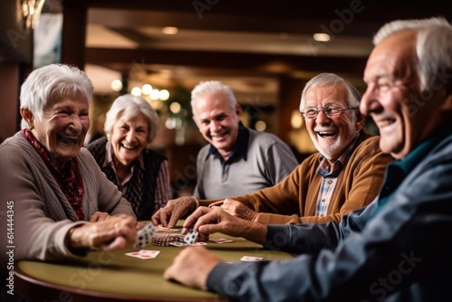 Retired multiethnic people playing cards together at home. Happy senior friends with african couple playing cards. Cheerful active seniors playing game at lunch table. Generative AI photo