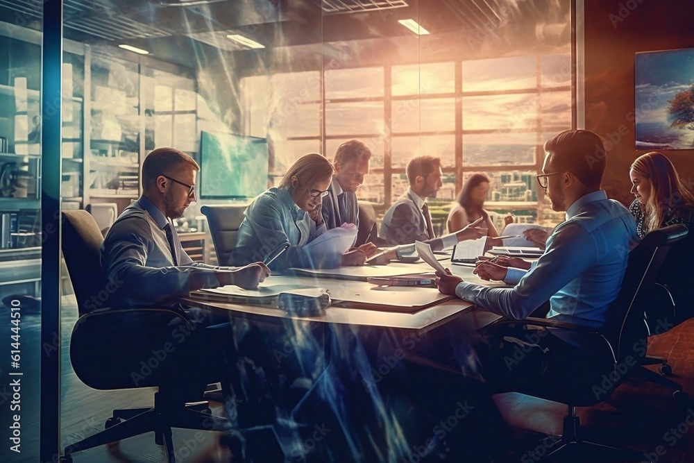 Happy businesspeople laughing while collaborating on a new project in ...