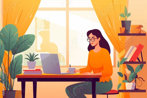 Beautiful Middle Eastern Manager Sitting at a Desk in Creative Office. Young Stylish Female with Curly Hair Using Laptop Computer in Marketing Agency. Colleagues Generative AI