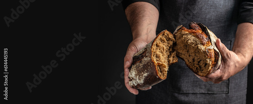 Obraz na plátne Male hands breaking freshly baked bread, Long banner format