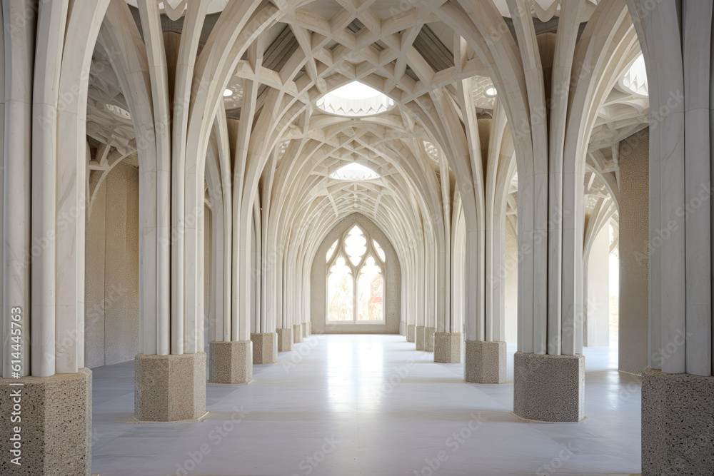 A long hallway of white arches and columns in a large cathedral