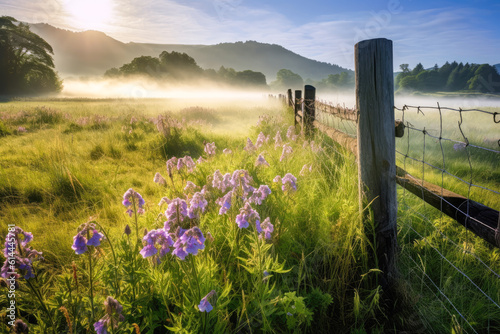 A foggy morning in a field with purple flowers and a fence
