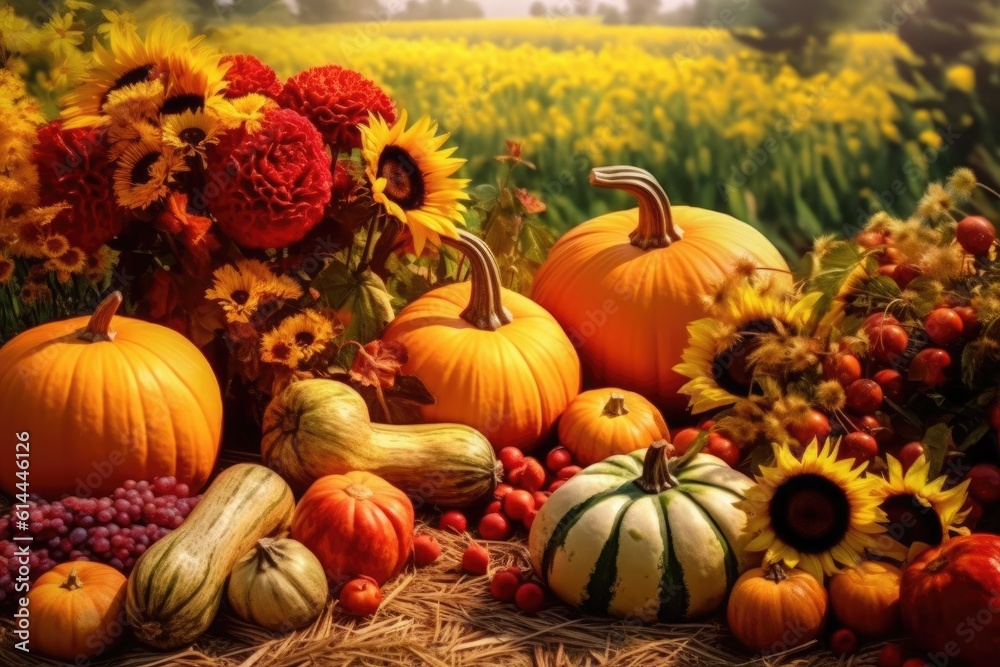Thanksgiving or autumn scene with pumpkins, autumn leaves and berries in garden. Generative AI