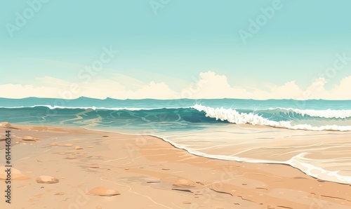  a painting of a beach with waves coming in to shore and a person standing on the beach with a surfboard in the sand and a blue sky with clouds. generative ai