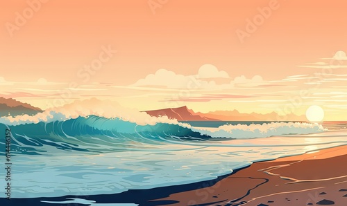  a painting of a sunset over the ocean with a wave coming towards the shore and the sun rising over the horizon with a person standing on a surfboard in the water. generative ai