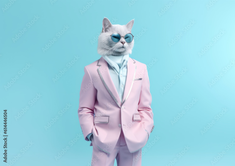 A pastel pink animal cat in a pink business suit. Cat standing and posing with sunglasses, abstract portrait of a wild animal.