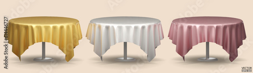 Set of Round Table with Tablecloth Isolated on beige Background. Meeting room table clothes, gold, silver and pink silk table clothes. 3D vector illustration.