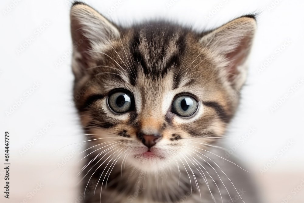 Cute striped gray kitten on a white background.Generative AI
