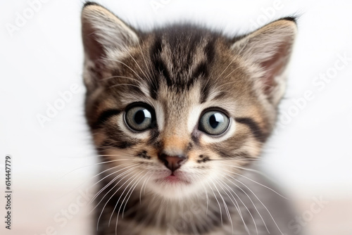 Cute striped gray kitten on a white background.Generative AI © syhin_stas
