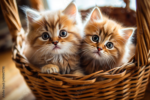 Two cute kittens are sitting in a wicker basket.Generative AI © syhin_stas