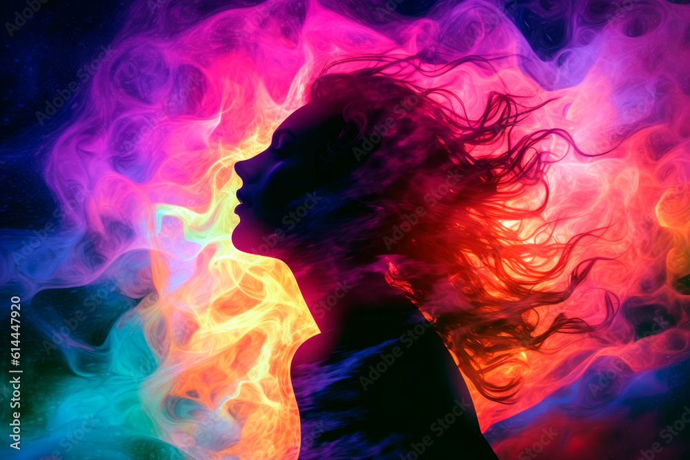 abstract, dreamy image of a human silhouette against a backdrop of swirling, neon colors abstract, dreamy image of a human silhouette against a backdrop of swirling, neon colors