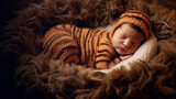 Professional photo shoot of a newborn baby, babies in the first days of life in the form of a little tiger cub. Created in AI.