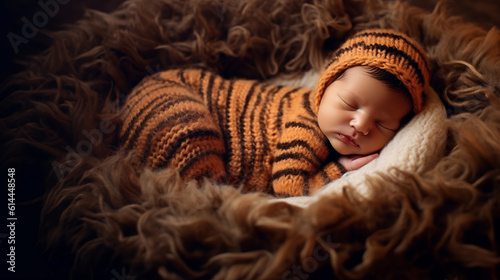 Professional photo shoot of a newborn baby, babies in the first days of life in the form of a little tiger cub. Created in AI. photo