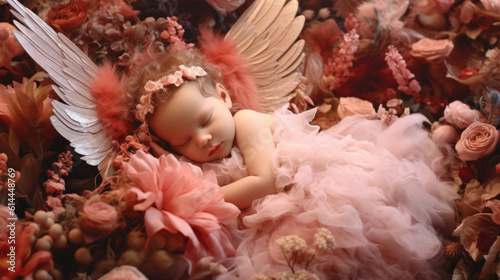 Portrait of a cute newborn bright baby  a baby with wings sleeps in pink flowers of the photo zone. Created in AI.