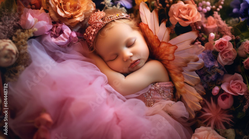 Portrait of a cute newborn bright baby  a baby with wings sleeps in pink flowers of the photo zone. Created in AI.