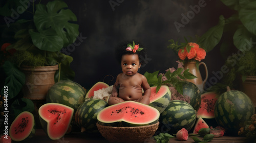 Portrait of a newborn swarthy afro baby, the child smiles and sits in watermelons. Created in AI.