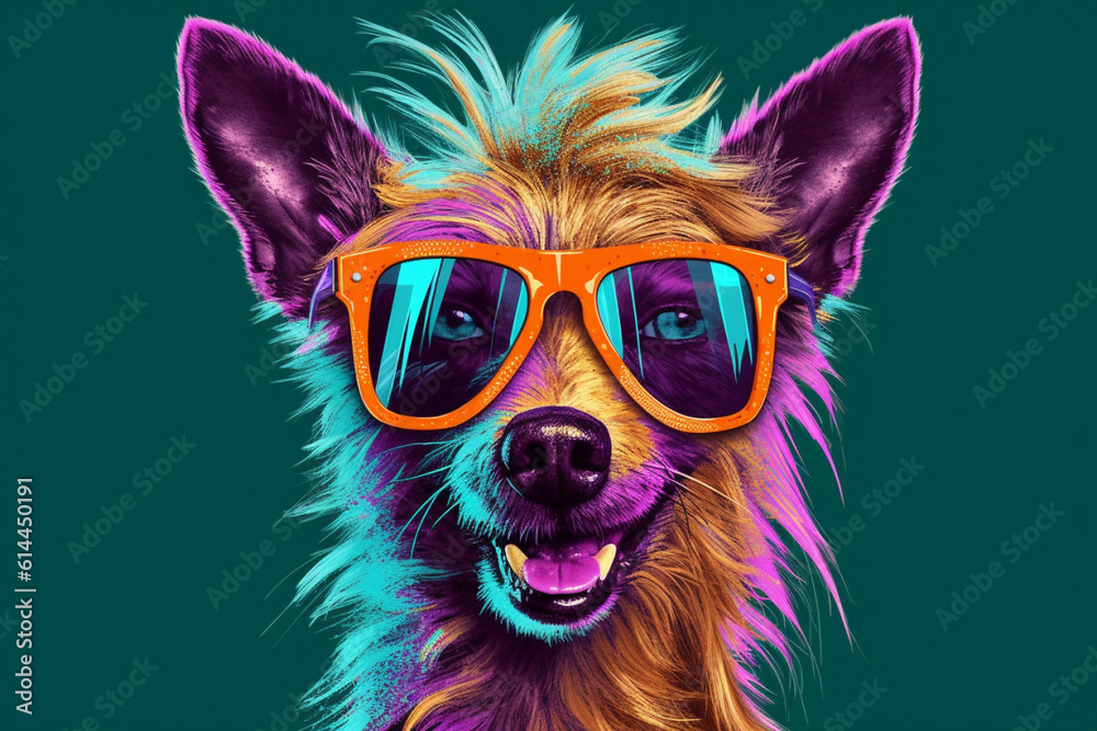 A funny dog wearing sunglasses, exuding a playful and lighthearted vibe with its colorful and amusing appearance. Ai generated