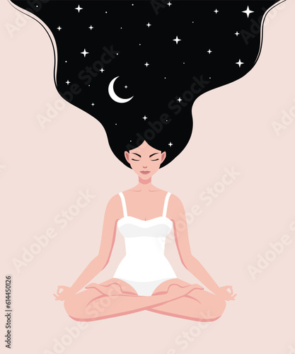 Woman with stars sky, moon meditating in lotus position.
Meditation concept. Pretty yoga woman in lotus pose. Vector illustration in flat style.