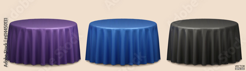 Set of Round Table with Tablecloth Isolated on beige Background. Meeting room table clothes, Purple, blue and black silk table clothes. 3D vector illustration.