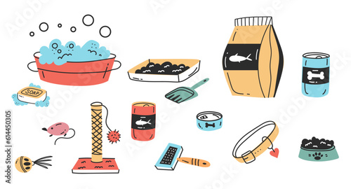 Cat dog pet salon home care tools groom product isolated set. Vector graphic design illustration