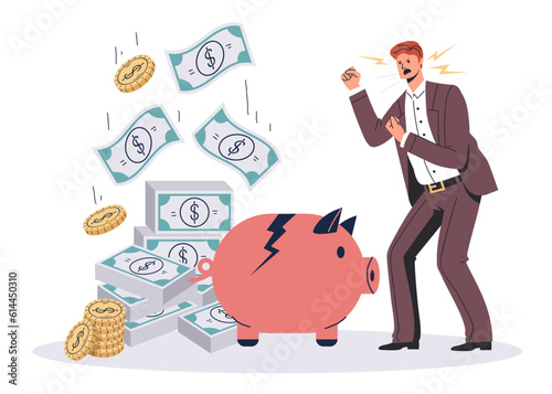 Bank bankruptcy crash debt business investment money lost concept. Vector design graphic illustration