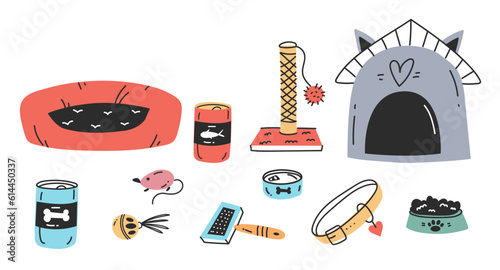 Cat dog pet salon home care tools groom product isolated set. Vector graphic design illustration