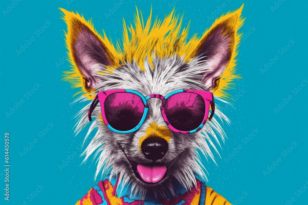 A funny dog wearing sunglasses, exuding a playful and lighthearted vibe with its colorful and amusing appearance. Ai generated