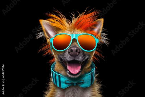 A funny dog wearing sunglasses, exuding a playful and lighthearted vibe with its colorful and amusing appearance. Ai generated © dragomirescu