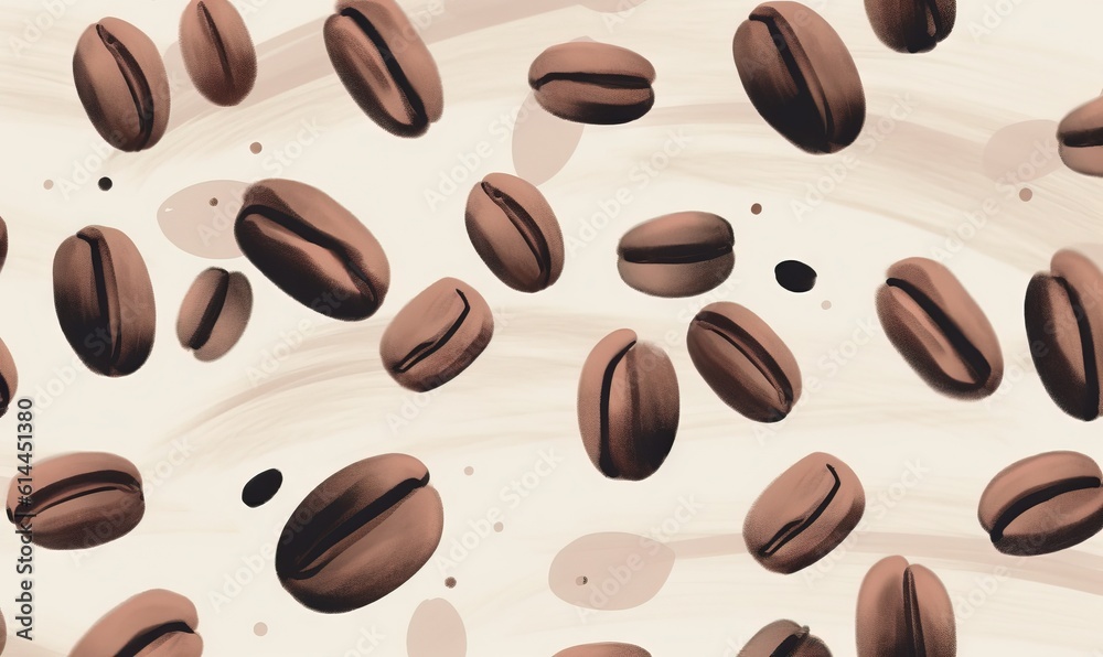  a pattern of coffee beans on a white background with a brown and black pattern on the bottom of the image and the bottom half of the pattern of the beans.  generative ai