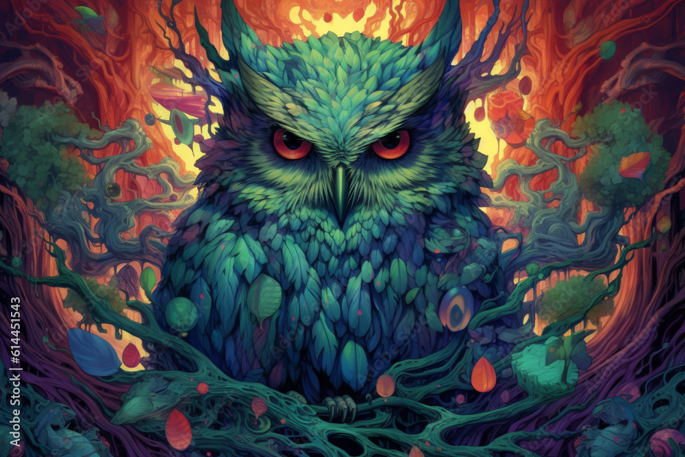 Obraz premium A vector illustration of an owl in the forest, adorned with vibrant and captivating colors. Ai generated