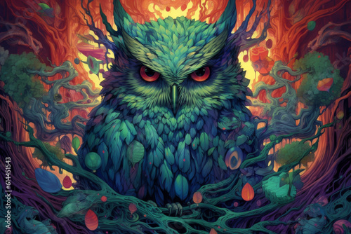 A vector illustration of an owl in the forest, adorned with vibrant and captivating colors. Ai generated © dragomirescu