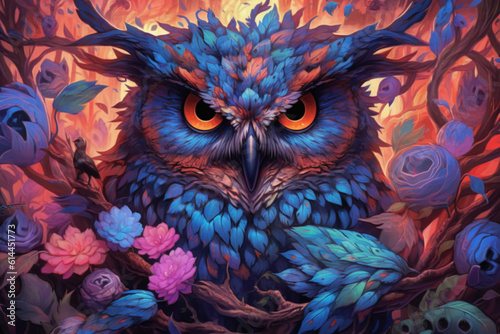 A vector illustration of an owl in the forest, adorned with vibrant and captivating colors. Ai generated