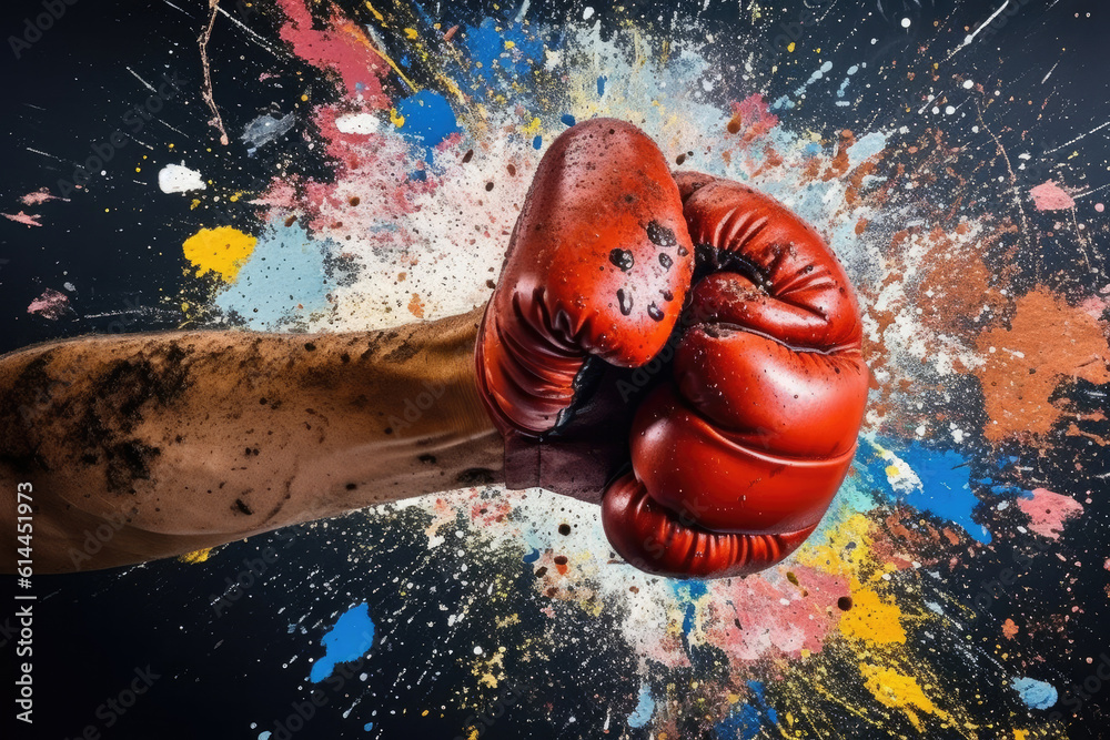 Unterarm mit rotem Boxhandschuh und Farbexplosion, Forearm with red