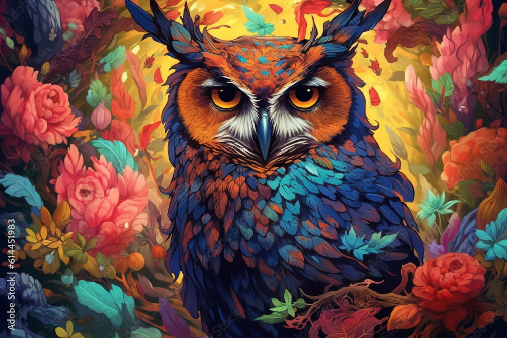 A vector illustration of an owl in the forest, adorned with vibrant and captivating colors. Ai generated A vector illustration of an owl in the forest, adorned with vibrant and captivating colors. Ai generated