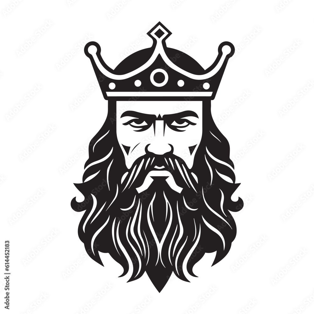Fototapeta premium King’s Head with Black Crown: Isolated Vector Illustration, Symbol of Royalty in Graphic Design. Vintage Style Icon on White Background,