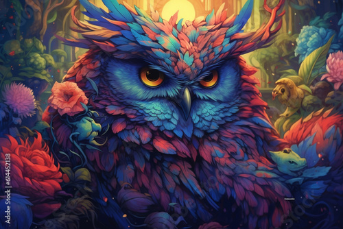 A vector illustration of an owl in the forest, adorned with vibrant and captivating colors. Ai generated