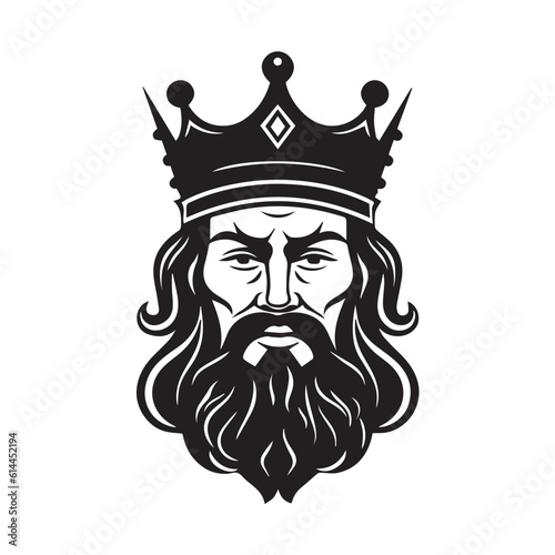 King’s Head with Black Crown: Isolated Vector Illustration, Symbol of Royalty in Graphic Design. Vintage Style Icon on White Background,